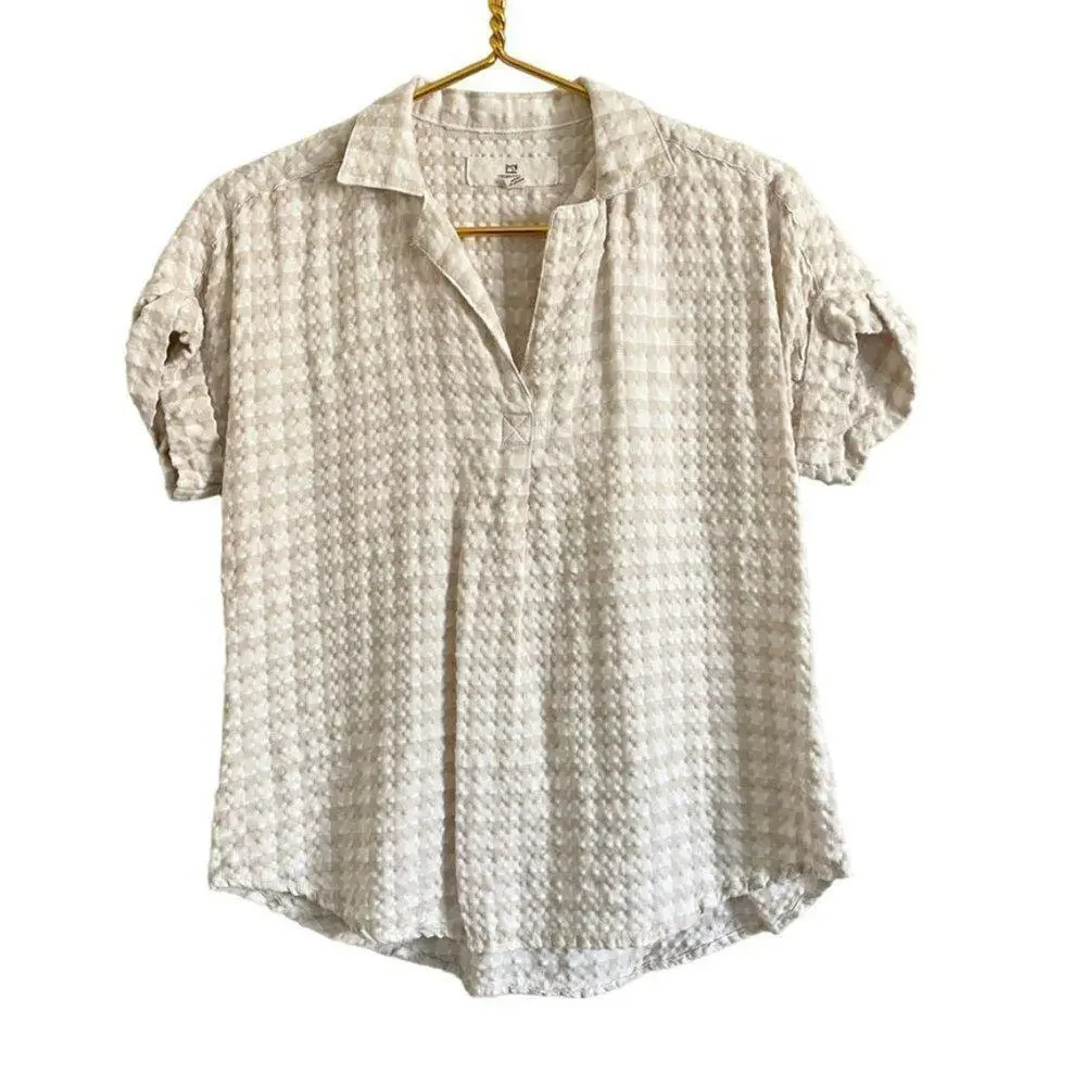 Thread‎ & Supply Light Taupe Gingham Seersucker V-Neck Blouse T2241VPETJ XS
